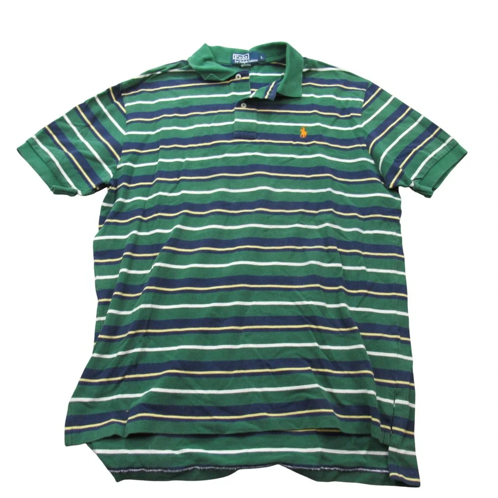 Polo Ralph Lauren Men's Striped Green Navy Yellow Short Sleeve Polo Shirt Size L